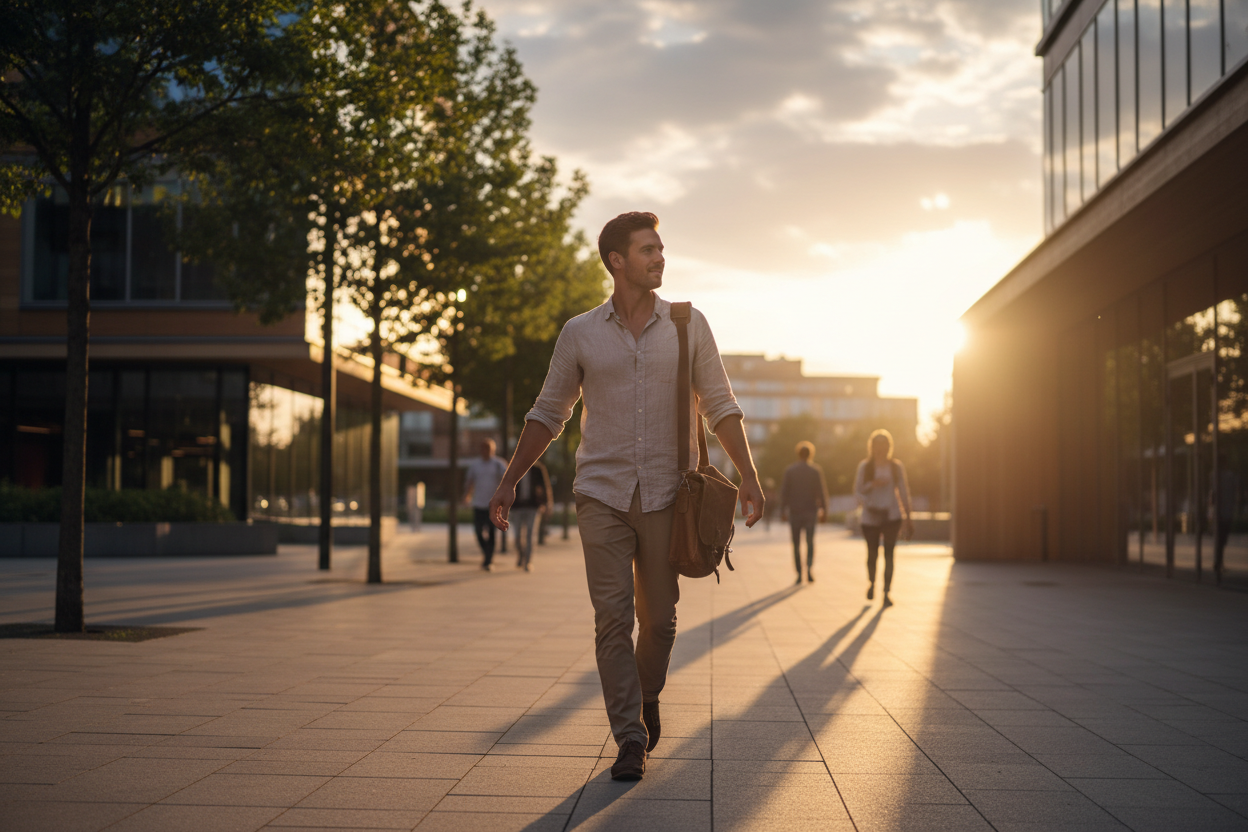 fin de journee, une personne qui sort du travail avec posture detendue et marche fluide 