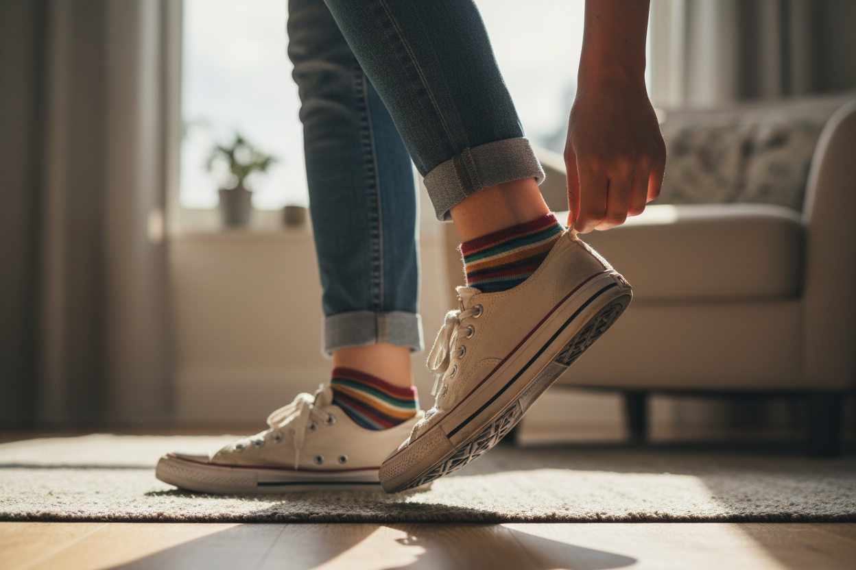 les jambes d'une personne en train de se chausser